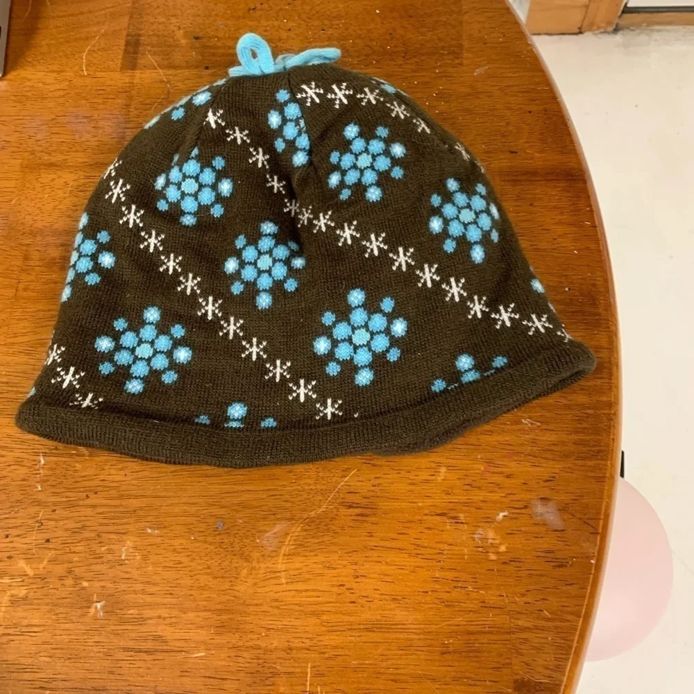 LL BEAN kids beanie hat fleece lined chocolate brown turquoise accent OSFM